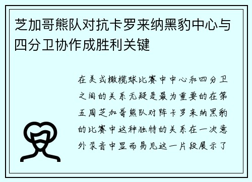 芝加哥熊队对抗卡罗来纳黑豹中心与四分卫协作成胜利关键